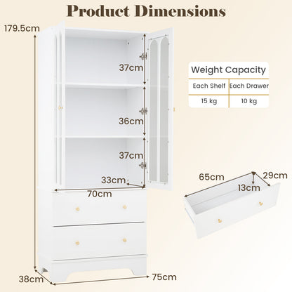 3-Tier Display Storage Cabinet with 2 Drawers and Metal Handles-White
