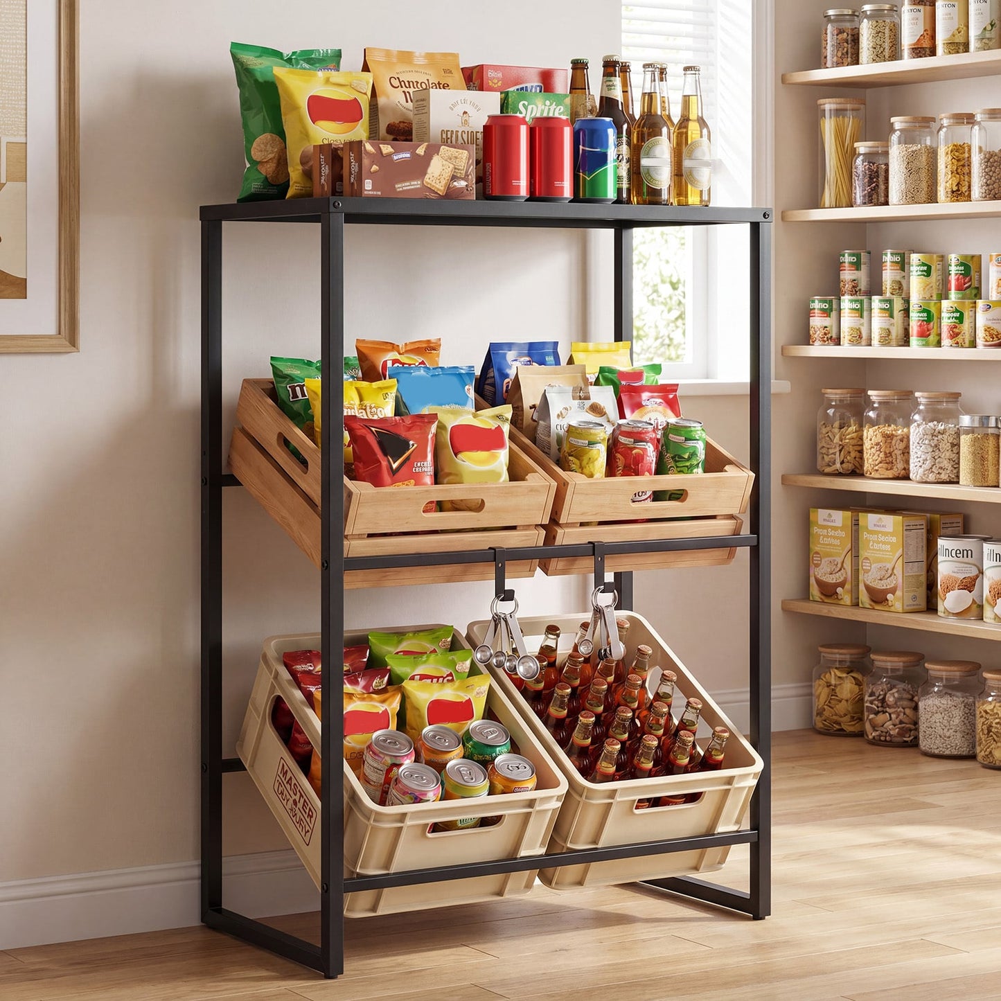 3-Tier Drink Crate Rack with Shelf and 2 Hanging Hooks-Black