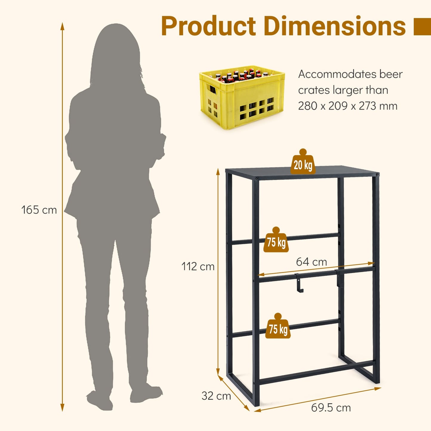 3-Tier Drink Crate Rack with Shelf and 2 Hanging Hooks-Black
