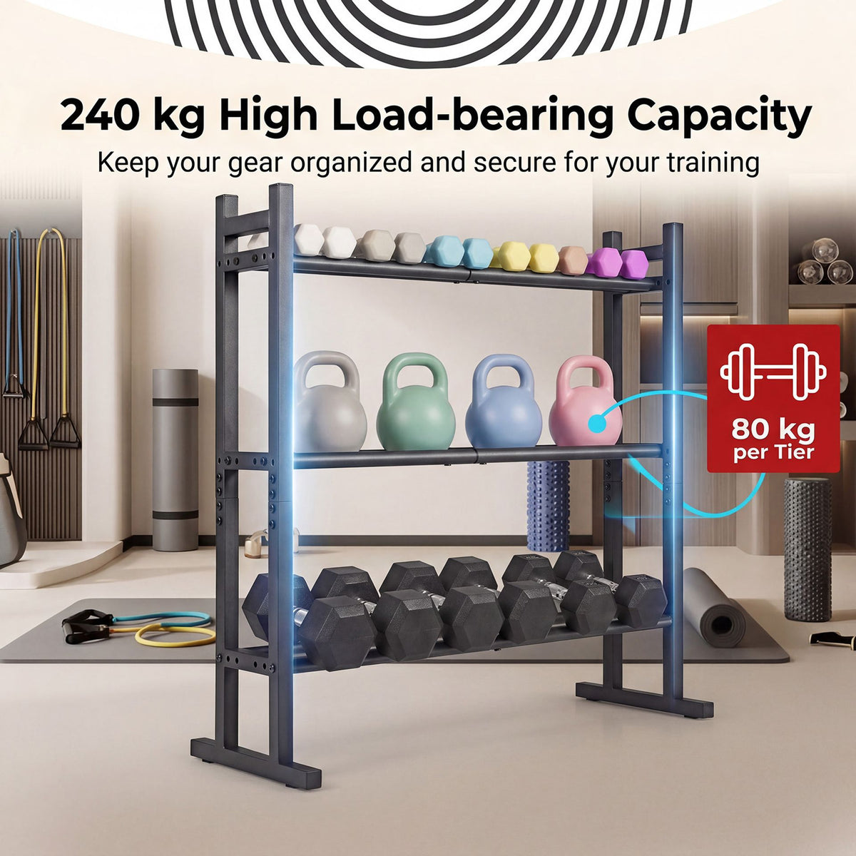 3-Tier Dumbbell Rack 240 KG Capacity Heavy-Duty Adjustable Weight Rack Stand-Black
