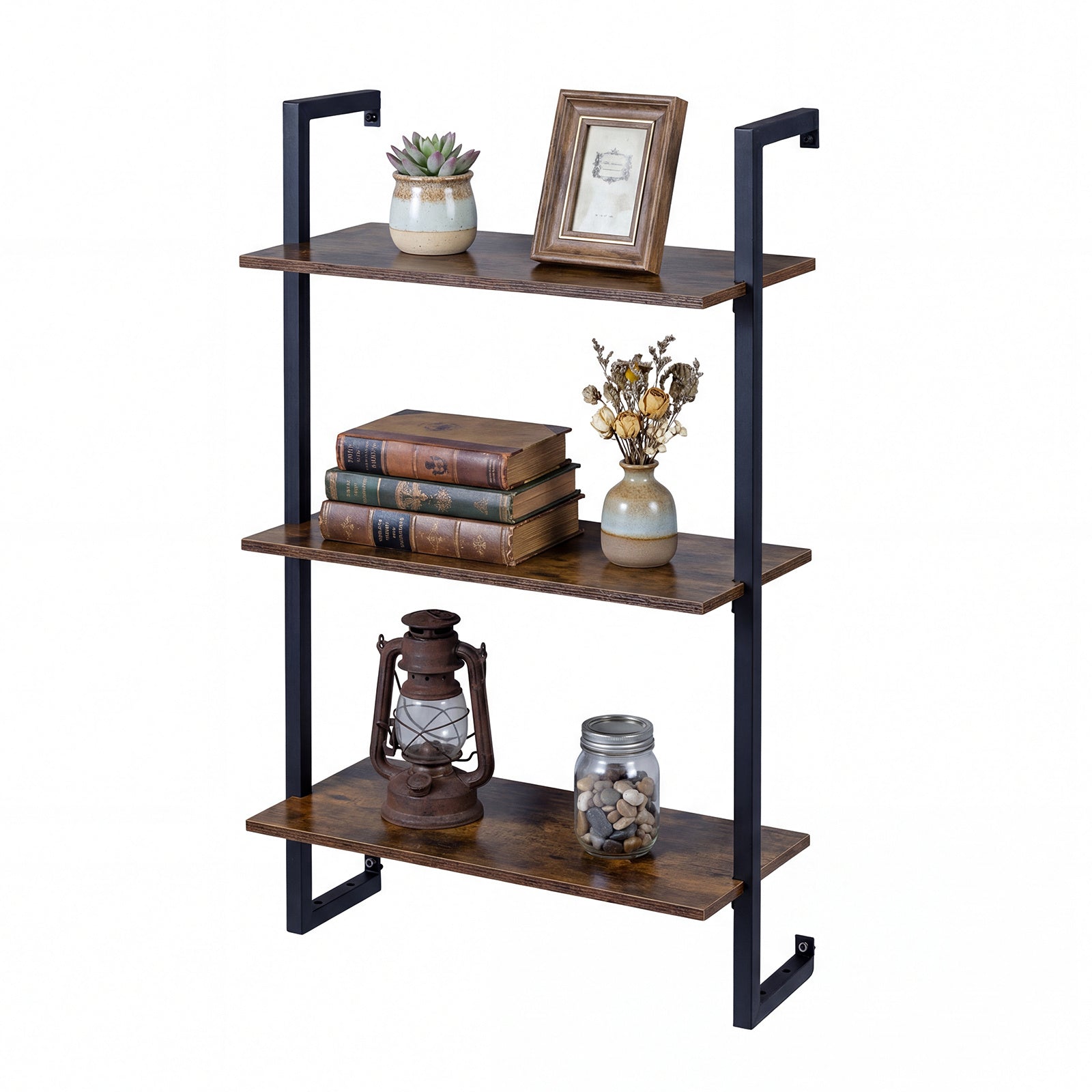 3-Tier Floating Shelf Wall Hanging Display Storage Rack for Living Room-Rustic Brown