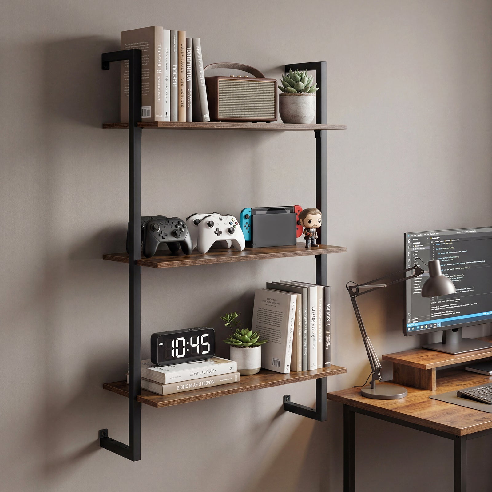 3-Tier Floating Shelf Wall Hanging Display Storage Rack for Living Room-Rustic Brown