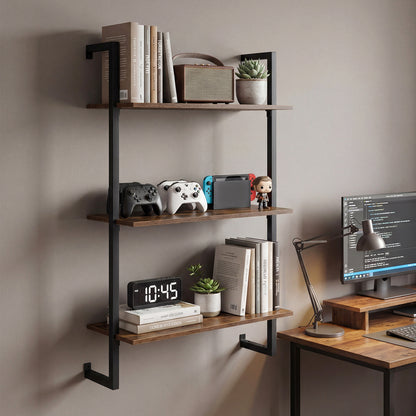 3-Tier Floating Shelf Wall Hanging Display Storage Rack for Living Room-Rustic Brown