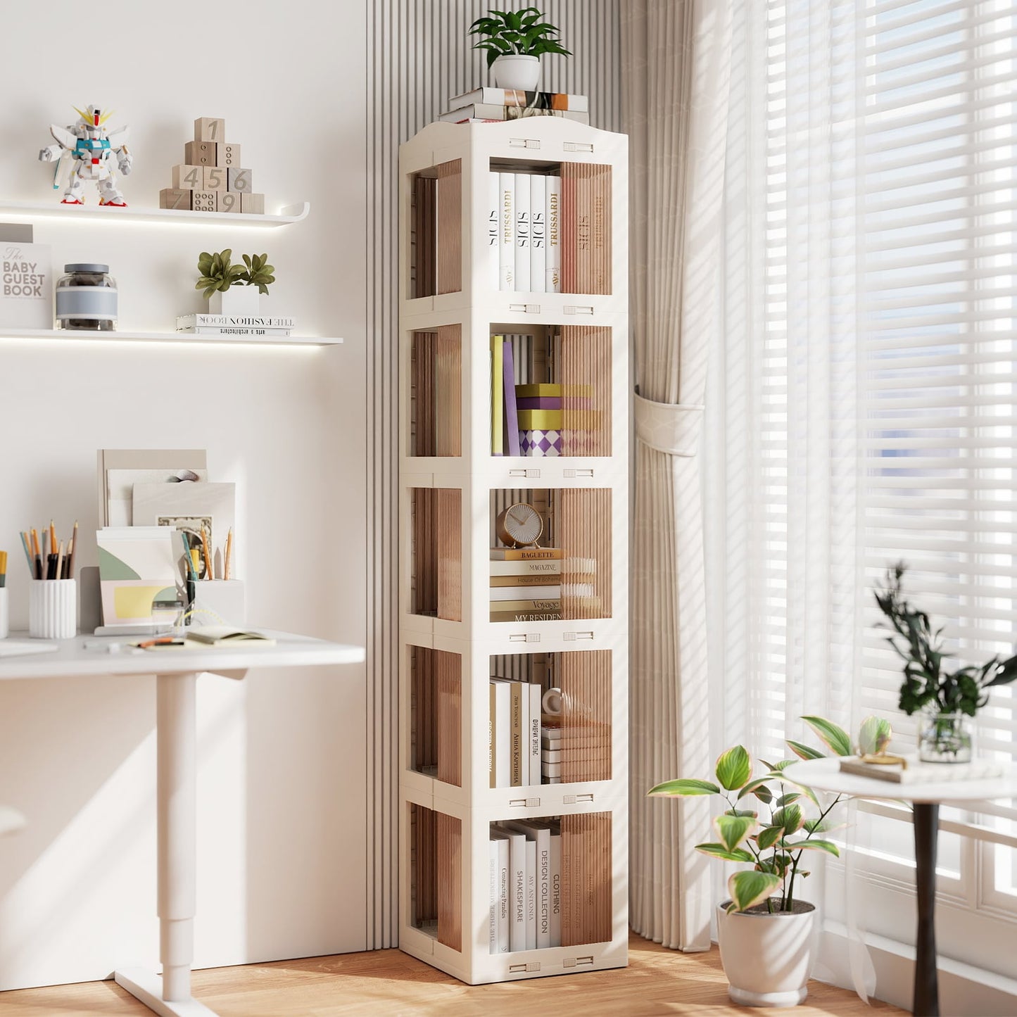 3-Tier Foldable 360° Rotating Bookshelf with Swivel Base-White