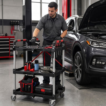 3-Tier Folding Utility Cart with 360° Swivel Wheels for Garage-Black
