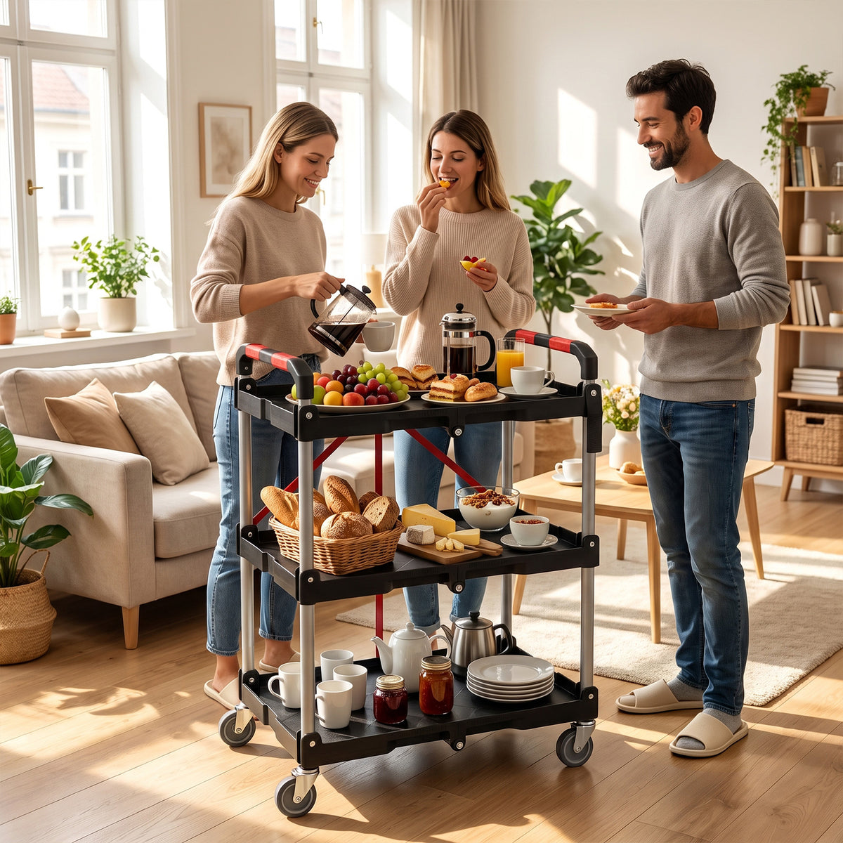 3-Tier Folding Utility Cart with 360° Swivel Wheels for Garage-Black