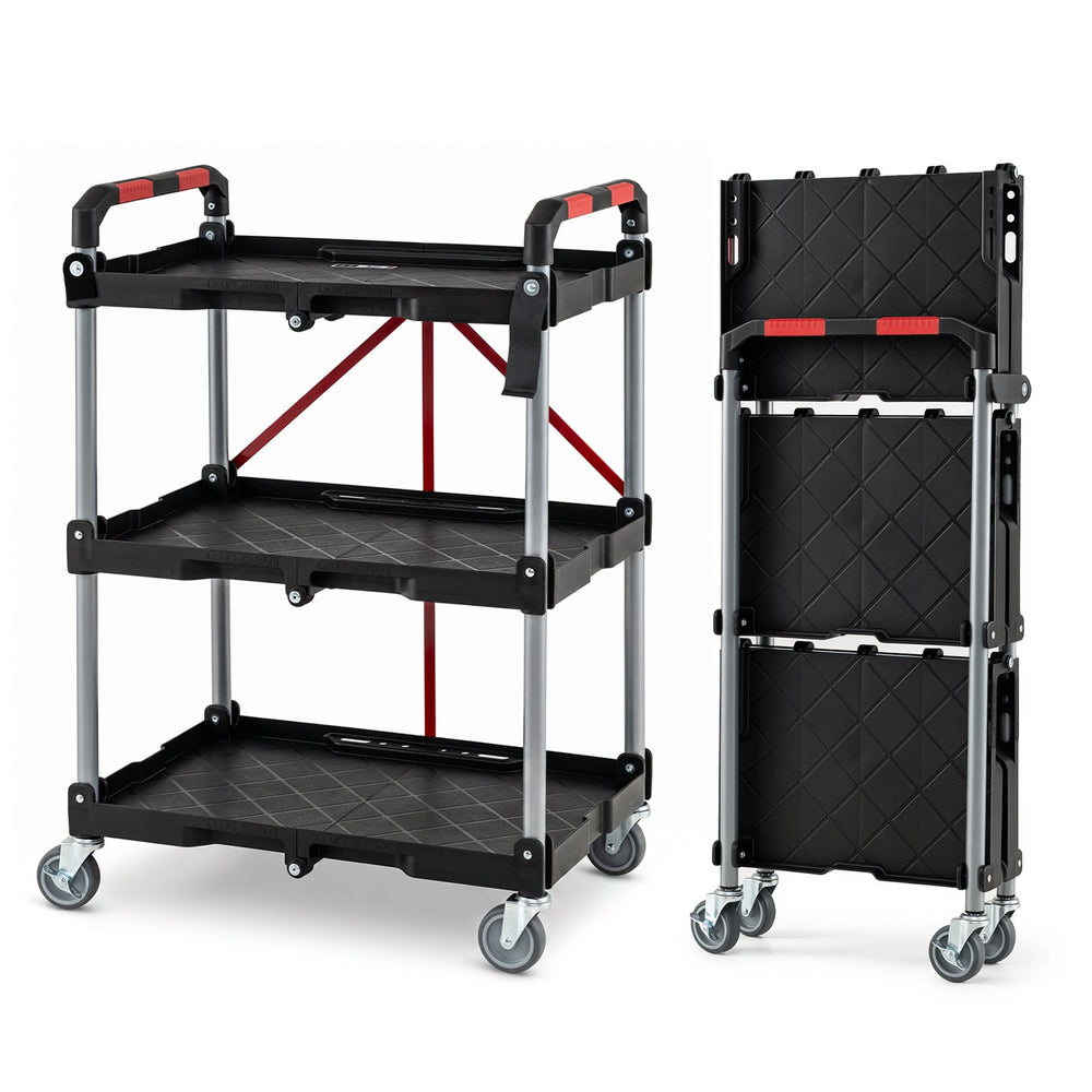 3-Tier Folding Utility Cart with 360° Swivel Wheels for Garage-Black