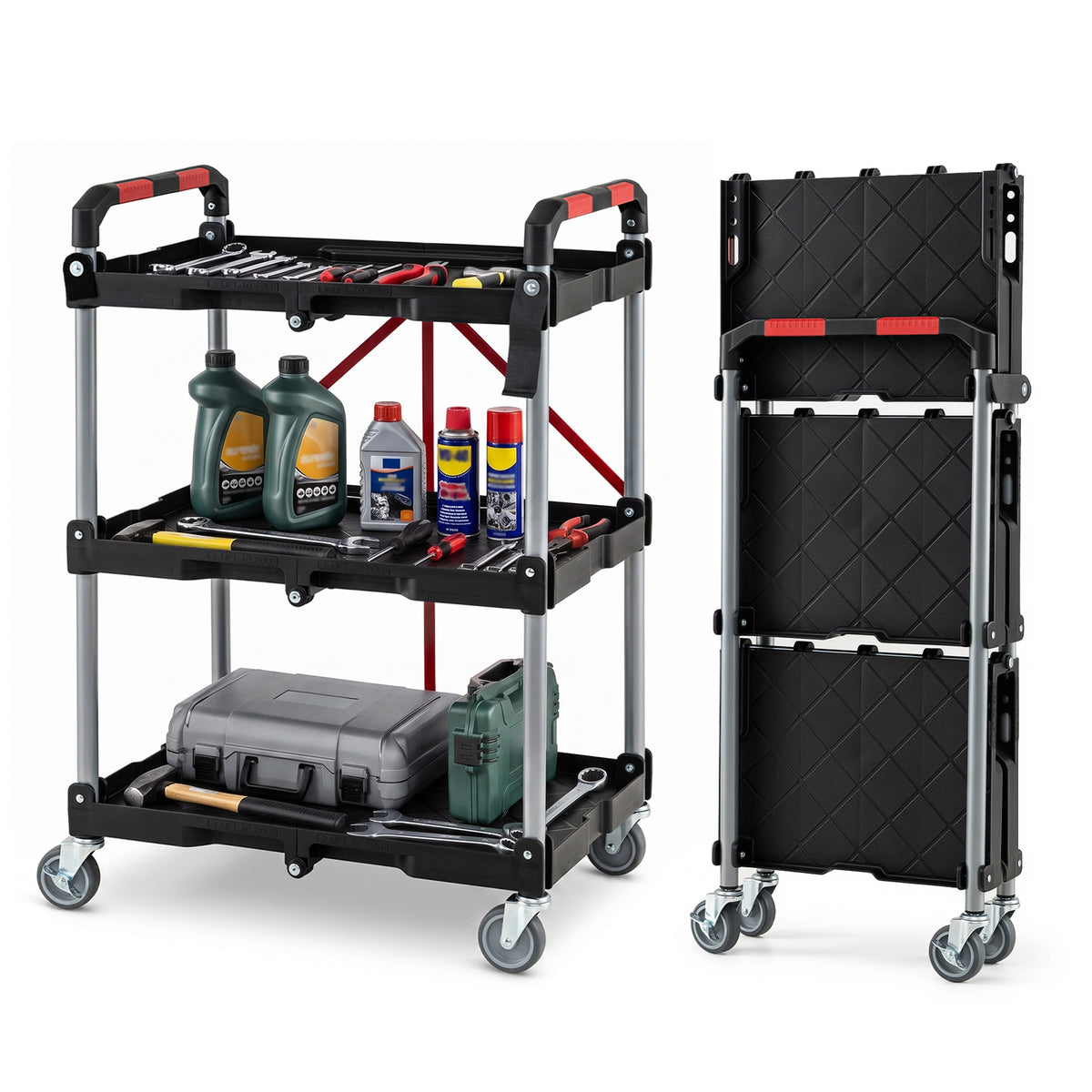 3-Tier Folding Utility Cart with 360° Swivel Wheels for Garage-Black