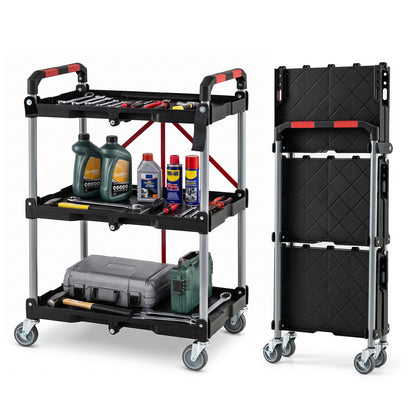 3-Tier Folding Utility Cart with 360° Swivel Wheels for Garage-Black