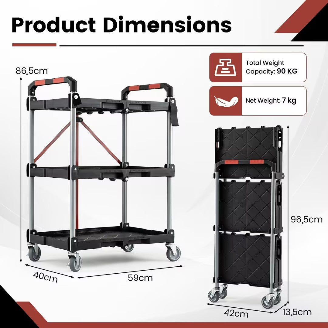3-Tier Folding Utility Cart with 360° Swivel Wheels for Garage-Black