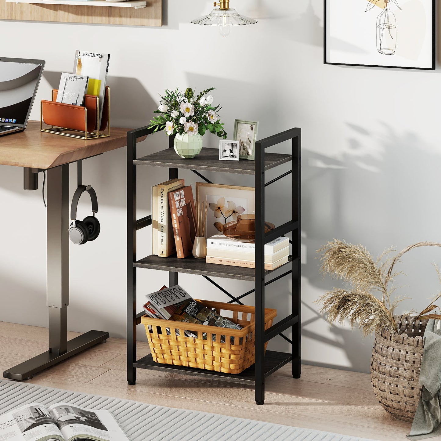 3-Tier Industrial Bookshelf with Metal Frame for Home Office-Oak