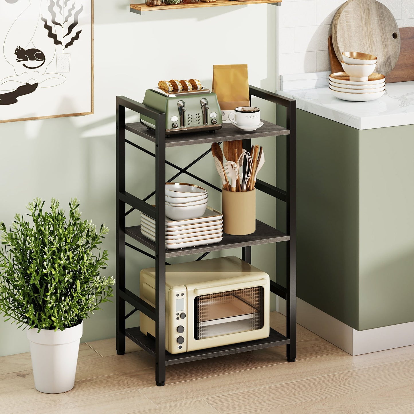 3-Tier Industrial Bookshelf with Metal Frame for Home Office-Oak