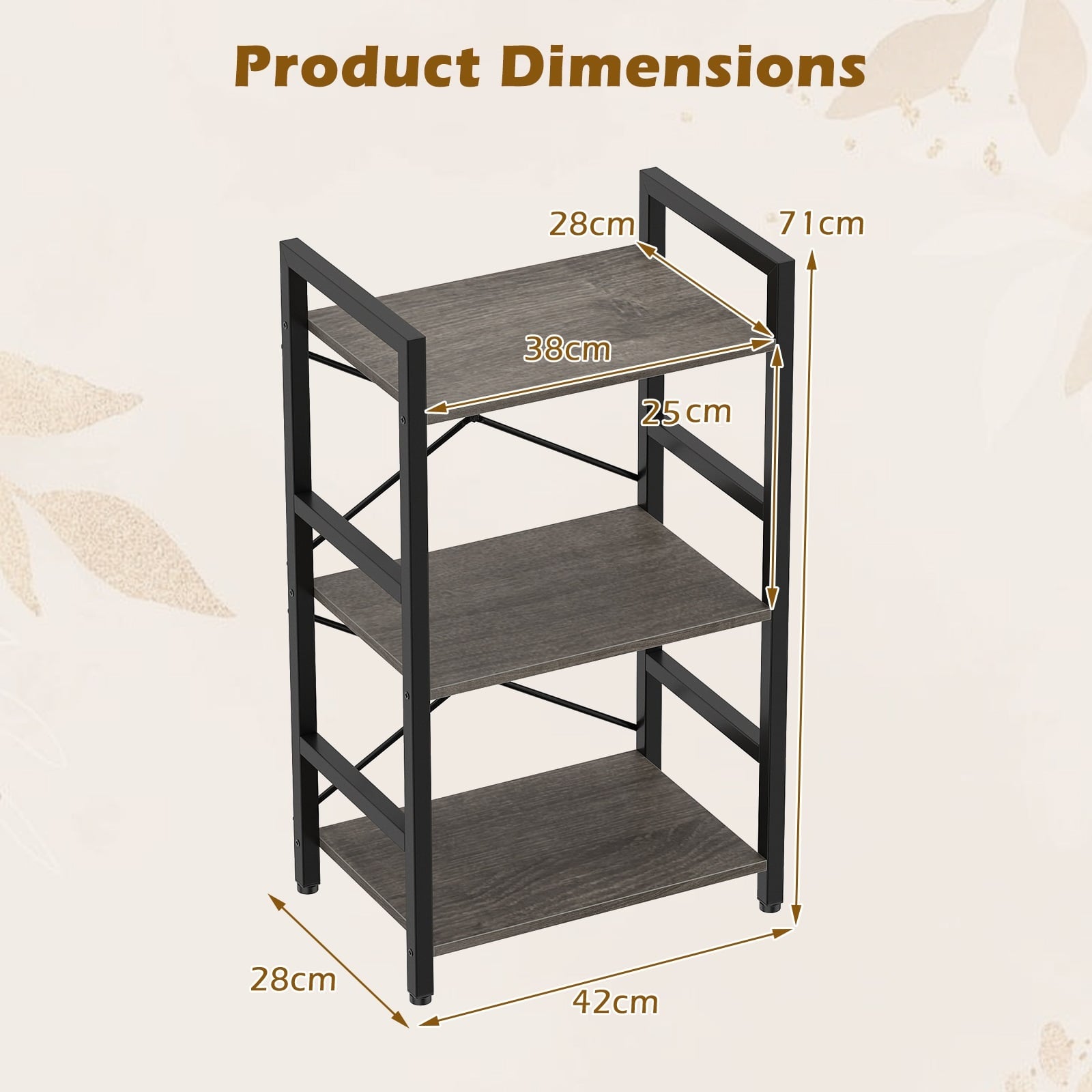 3-Tier Industrial Bookshelf with Metal Frame for Home Office-Oak