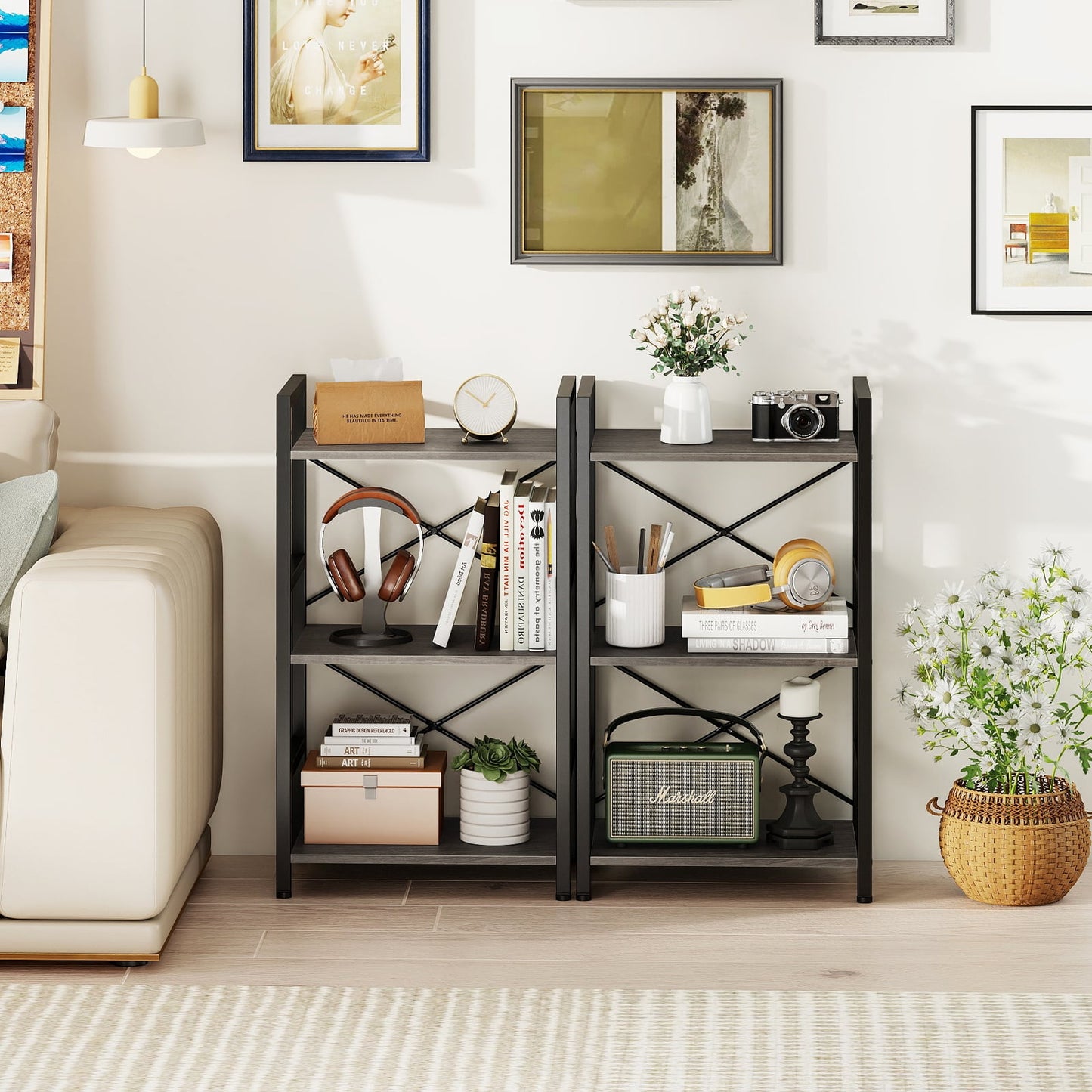 3-Tier Industrial Bookshelf with Metal Frame for Home Office-Oak