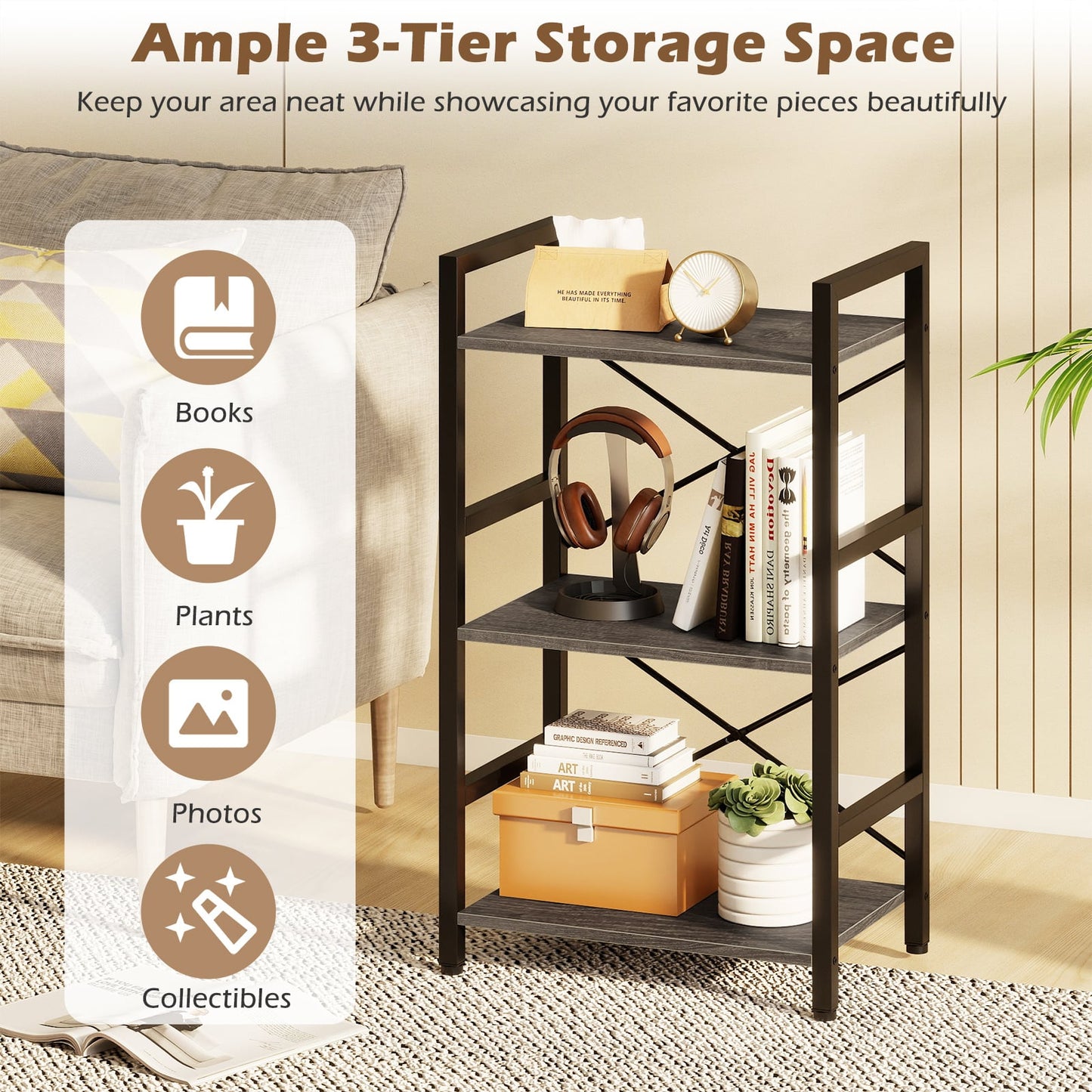 3-Tier Industrial Bookshelf with Metal Frame for Home Office-Oak