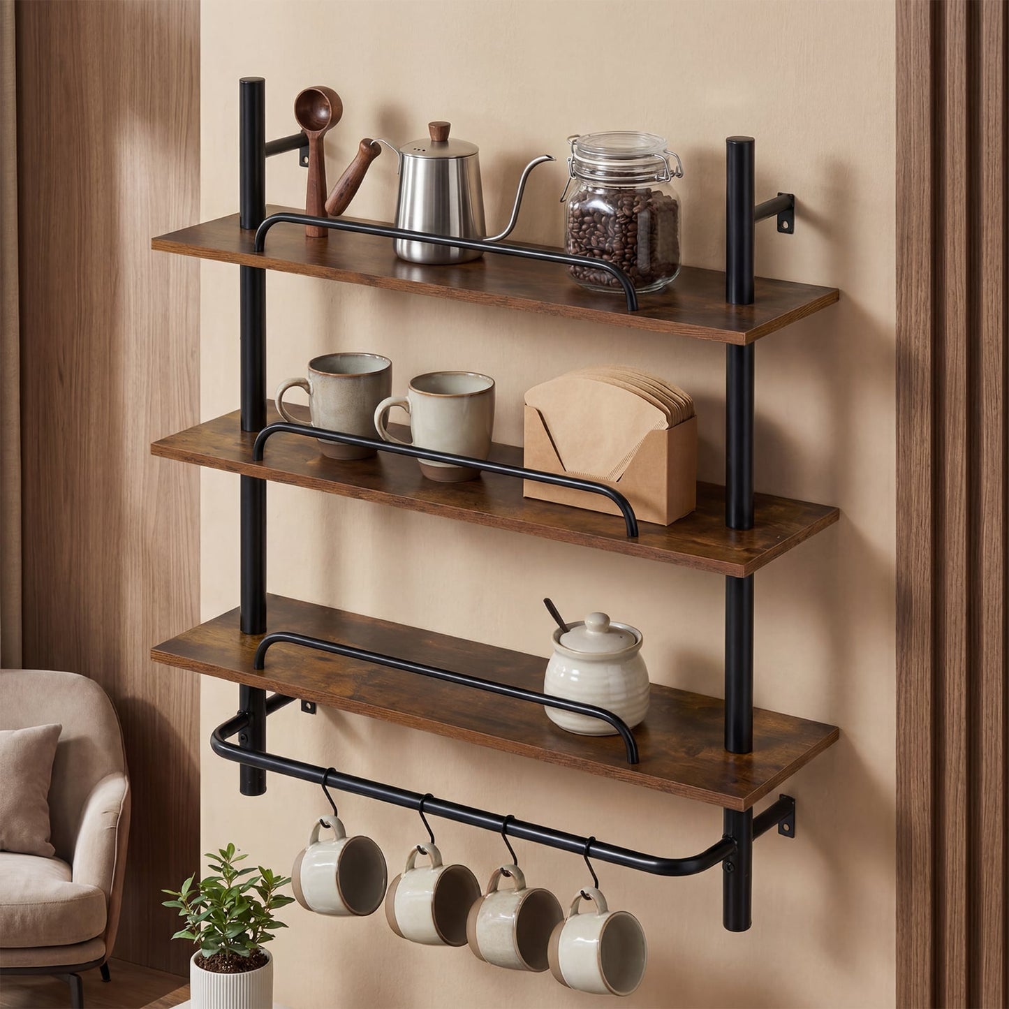 3-Tier Industrial Floating Shelves for Wall with 4 S-Shaped Hooks-Black