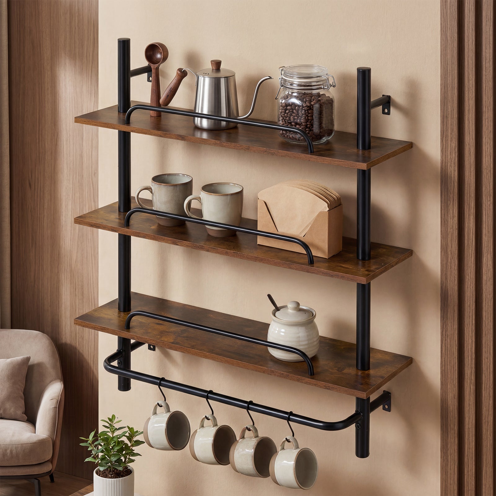 3-Tier Industrial Floating Shelves for Wall with 4 S-Shaped Hooks-Black