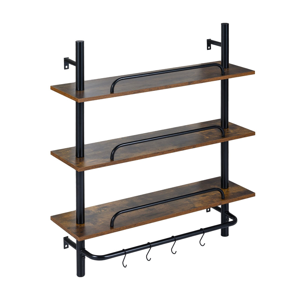 3-Tier Industrial Floating Shelves for Wall with 4 S-Shaped Hooks-Black