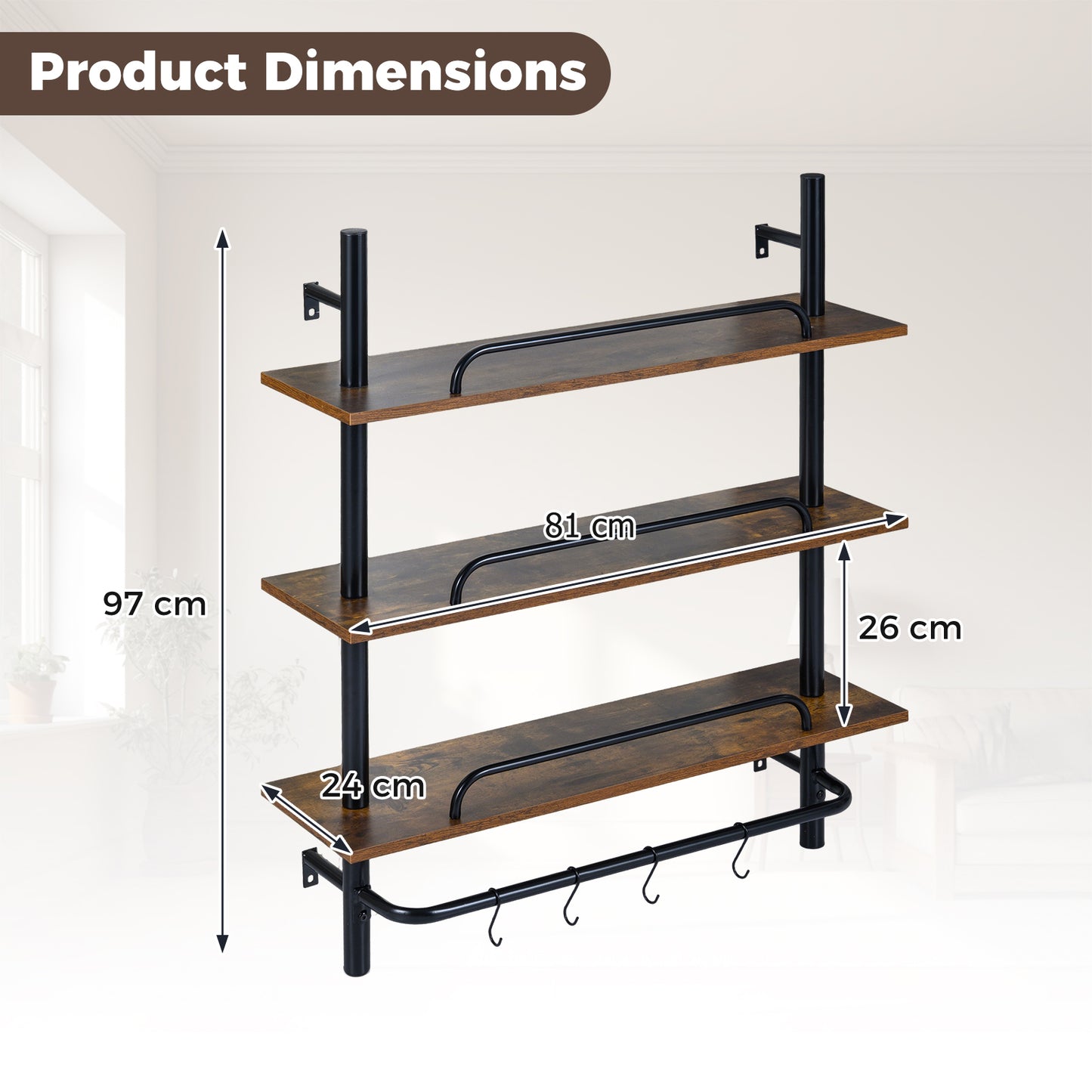 3-Tier Industrial Floating Shelves for Wall with 4 S-Shaped Hooks-Black