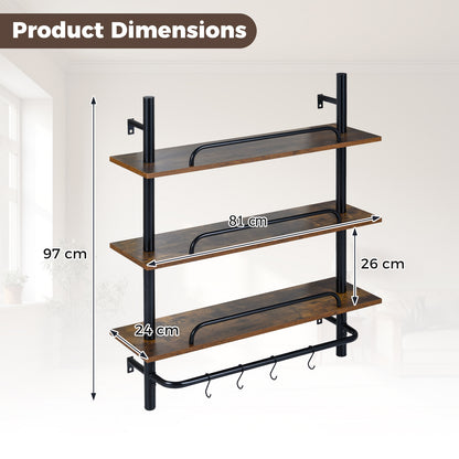 3-Tier Industrial Floating Shelves for Wall with 4 S-Shaped Hooks-Black