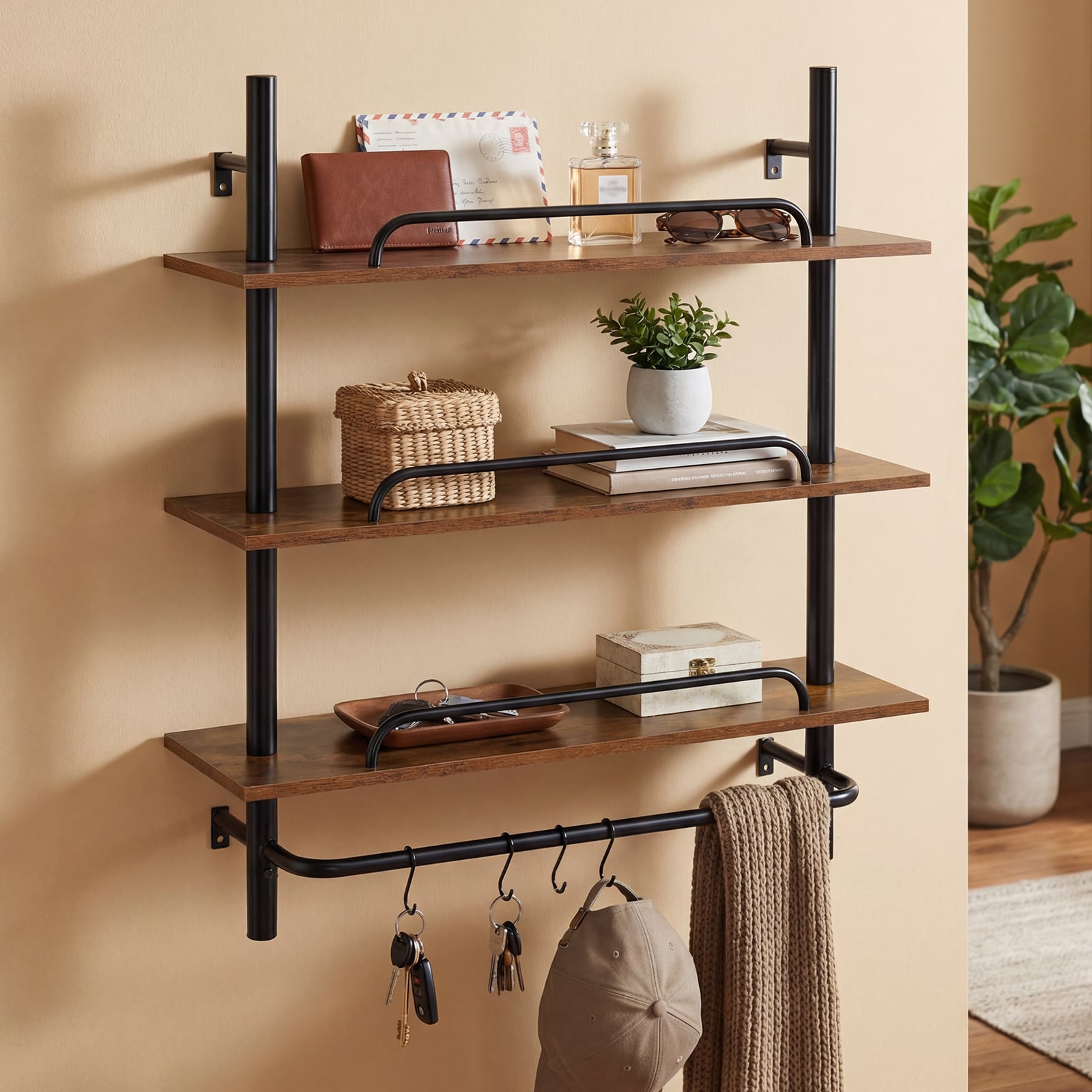 3-Tier Industrial Floating Shelves for Wall with 4 S-Shaped Hooks-Black