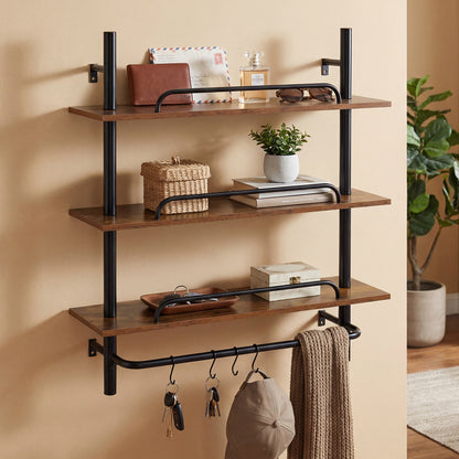 3-Tier Industrial Floating Shelves for Wall with 4 S-Shaped Hooks-Black