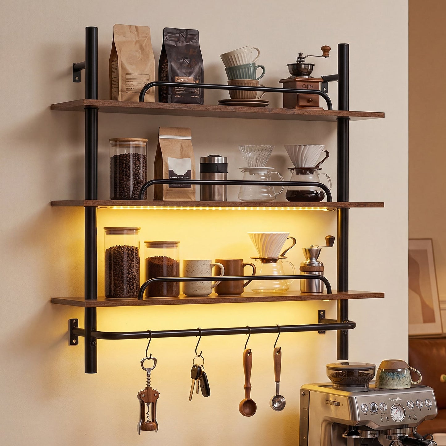 3-Tier Industrial Floating Shelves for Wall with LED Light and Remote APP Control-Black