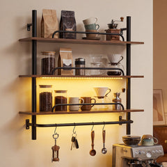 3-Tier Industrial Floating Shelves for Wall with LED Light and Remote APP Control-Black