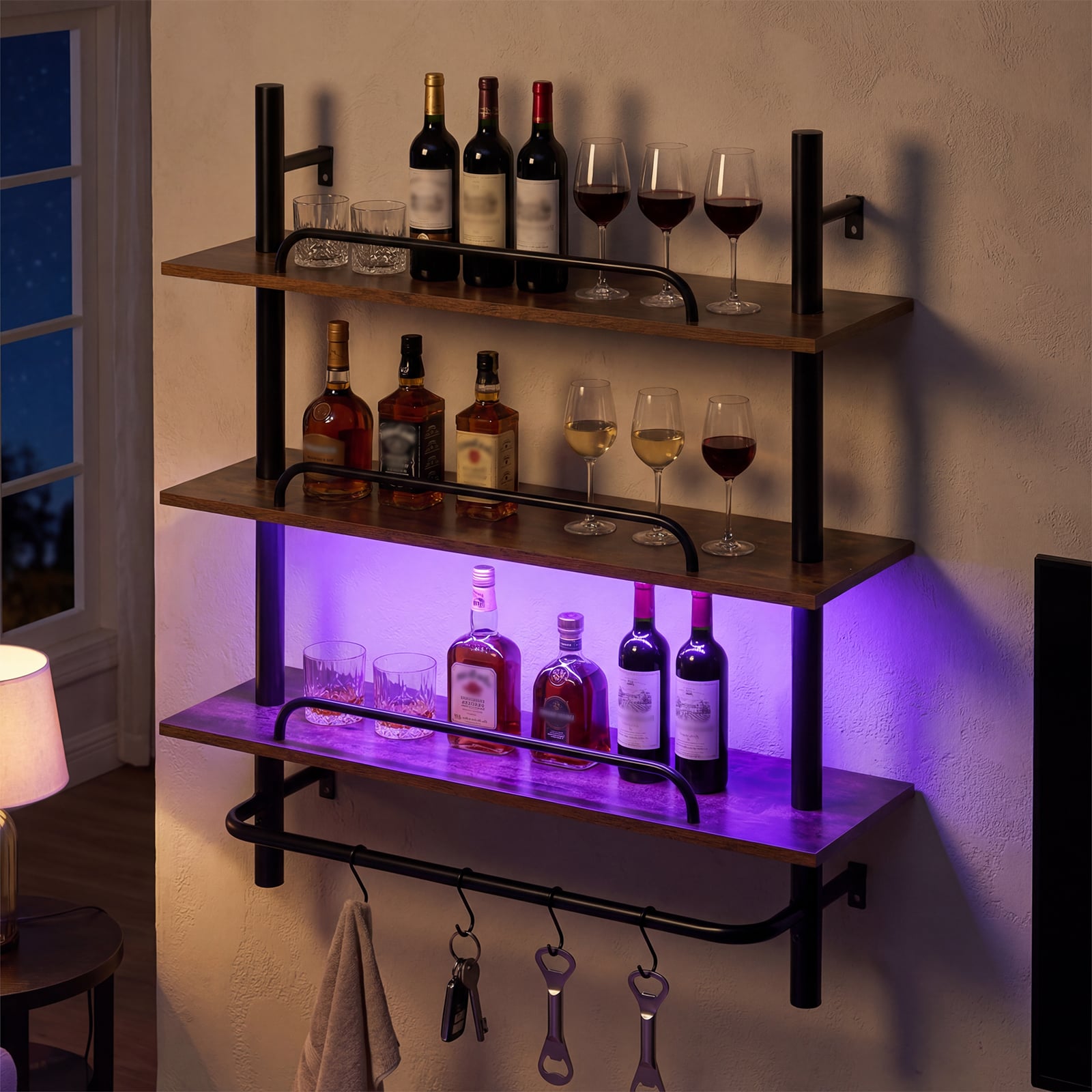 3-Tier Industrial Floating Shelves for Wall with LED Light and Remote APP Control-Black