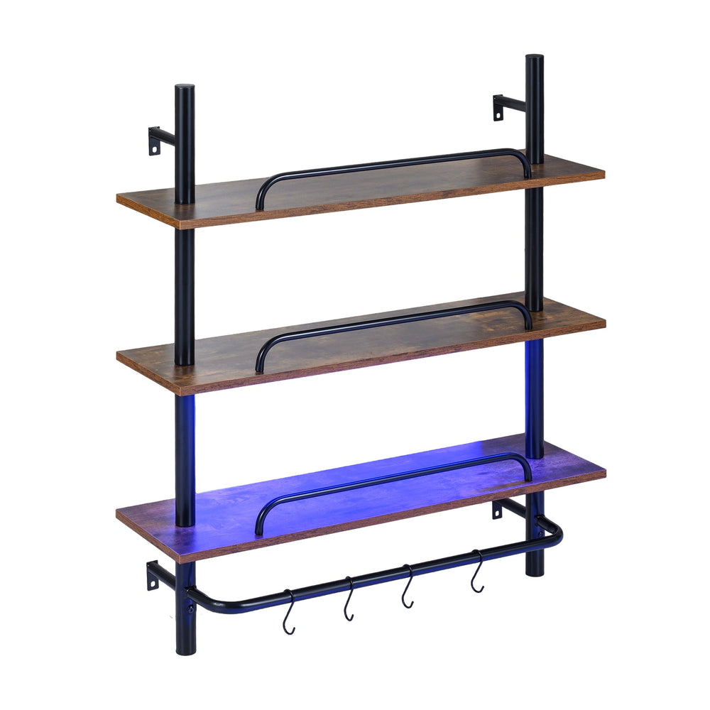 3-Tier Industrial Floating Shelves for Wall with LED Light and Remote APP Control-Black