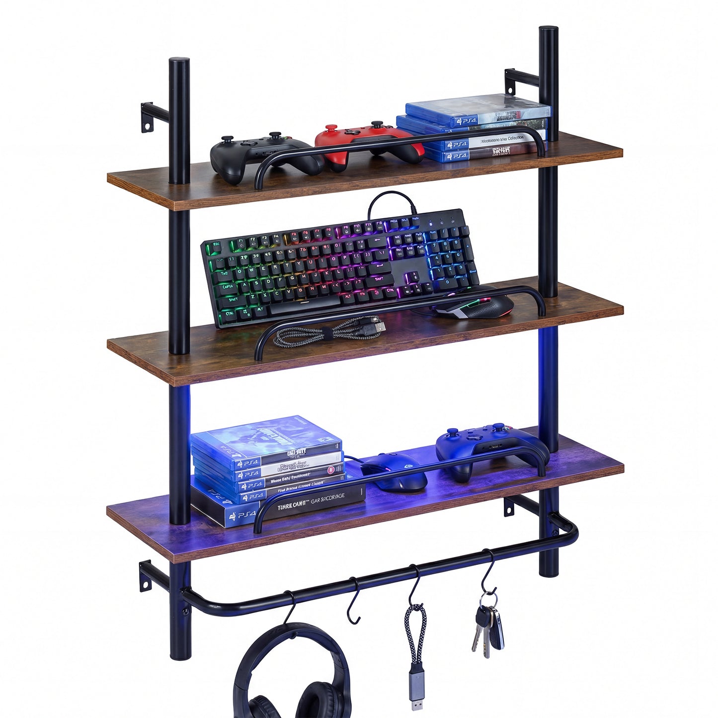 3-Tier Industrial Floating Shelves for Wall with LED Light and Remote APP Control-Black