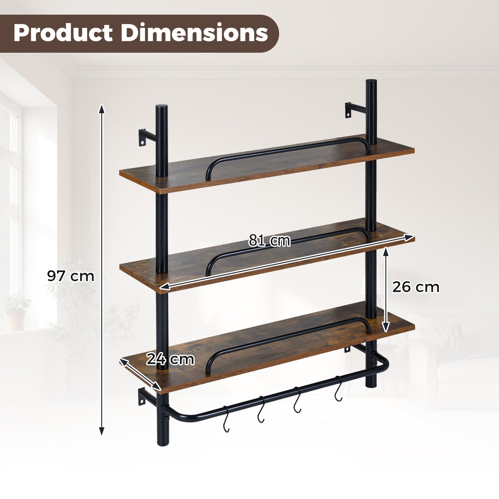 3-Tier Industrial Floating Shelves for Wall with LED Light and Remote APP Control-Black
