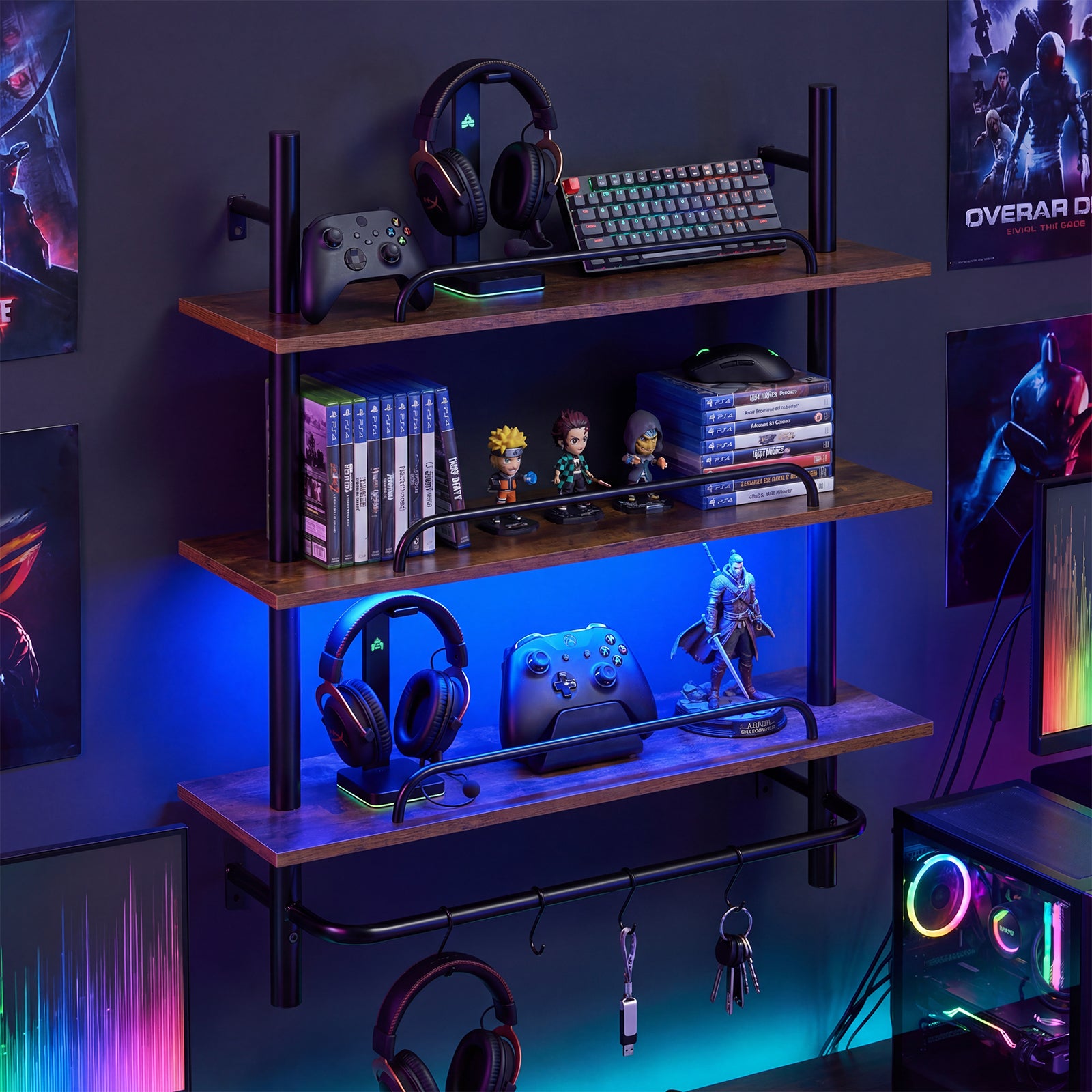 3-Tier Industrial Floating Shelves for Wall with LED Light and Remote APP Control-Black