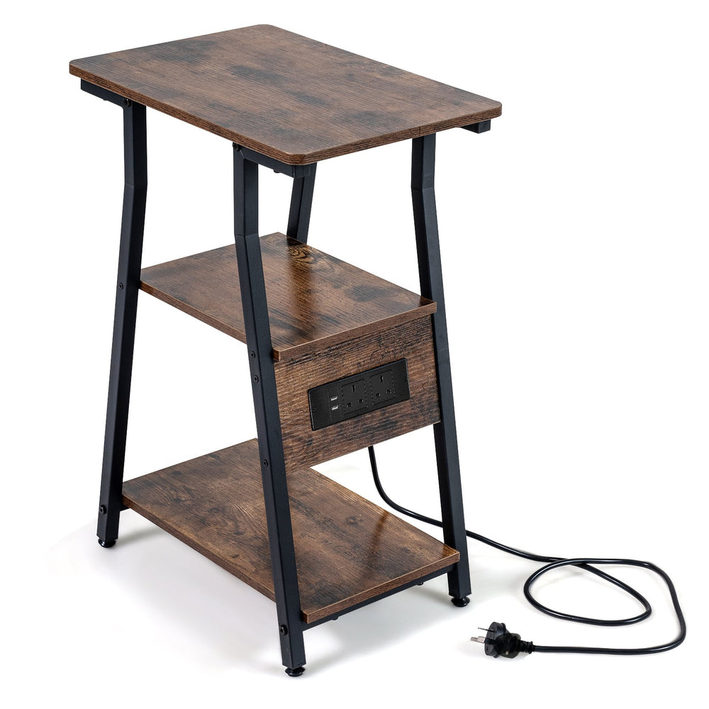 3-Tier Industrial Side Table with 2 AC Outlets 1 USB Port and 1 Type-C Port-Rustic Brown