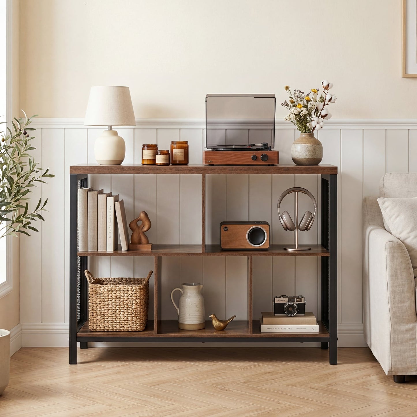 3-Tier Industrial Storage Organizer with 5 Cubes and Metal Frame-Rustic Brown