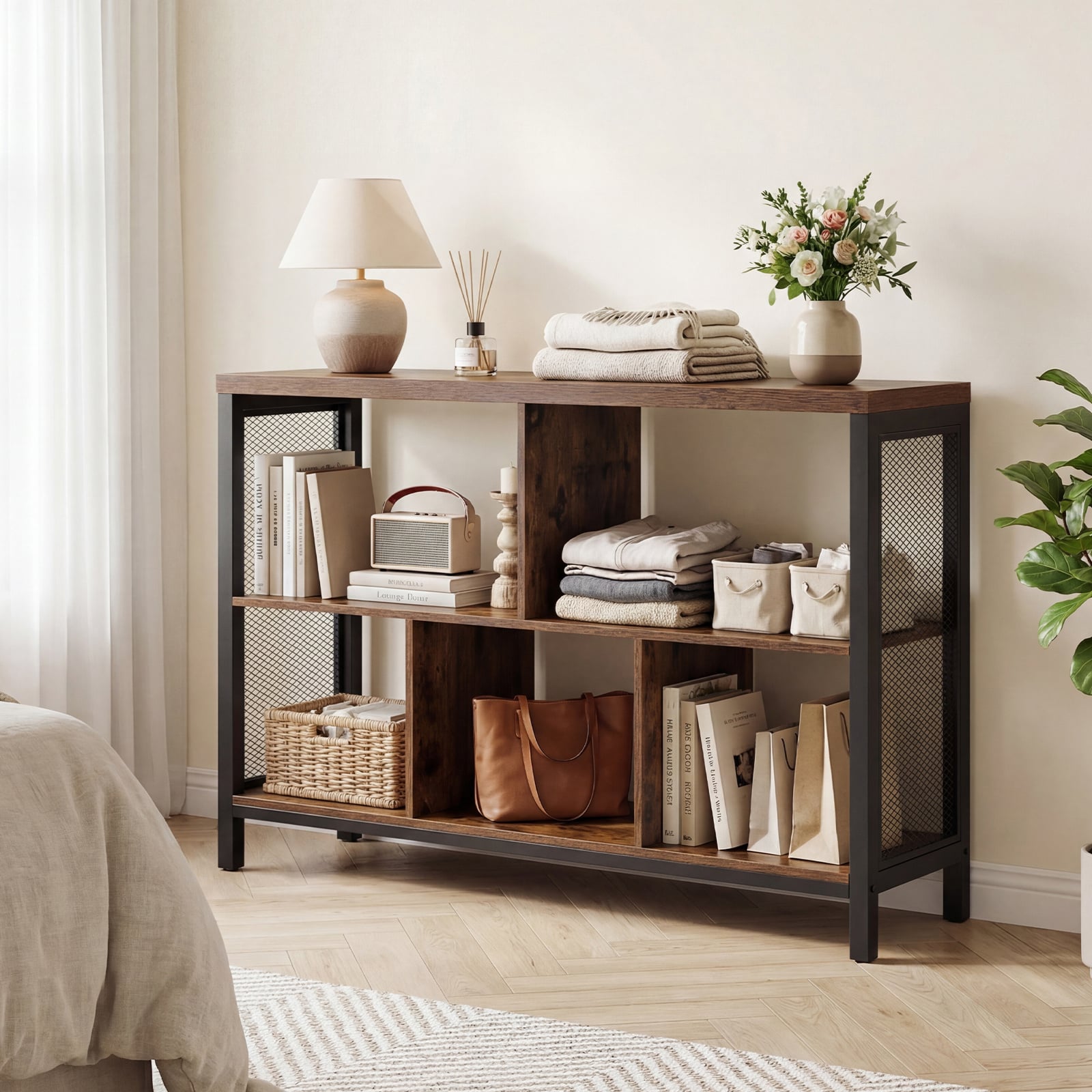 3-Tier Industrial Storage Organizer with 5 Cubes and Metal Frame-Rustic Brown