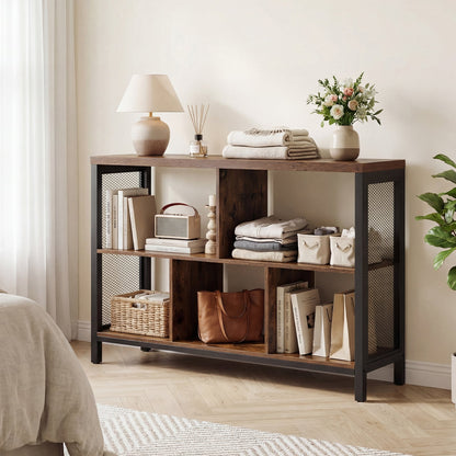 3-Tier Industrial Storage Organizer with 5 Cubes and Metal Frame-Rustic Brown