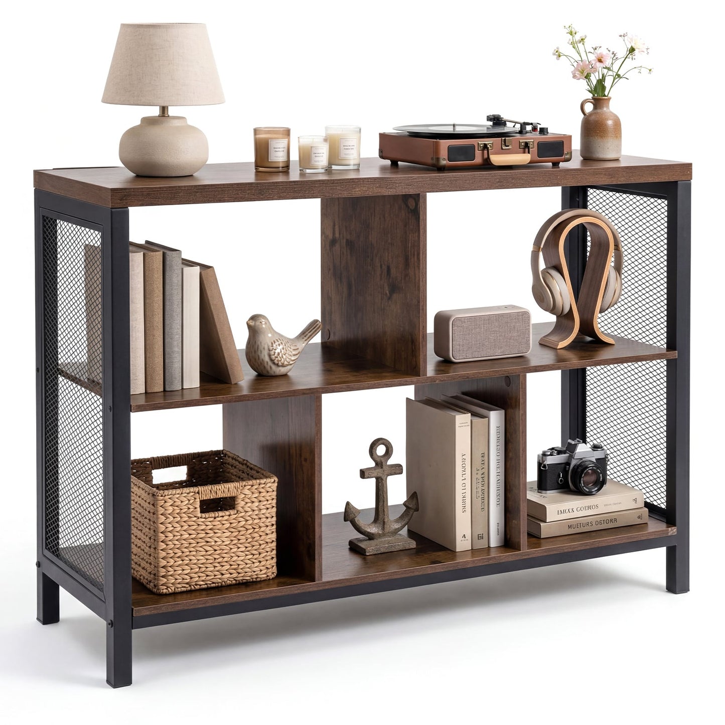 3-Tier Industrial Storage Organizer with 5 Cubes and Metal Frame-Rustic Brown