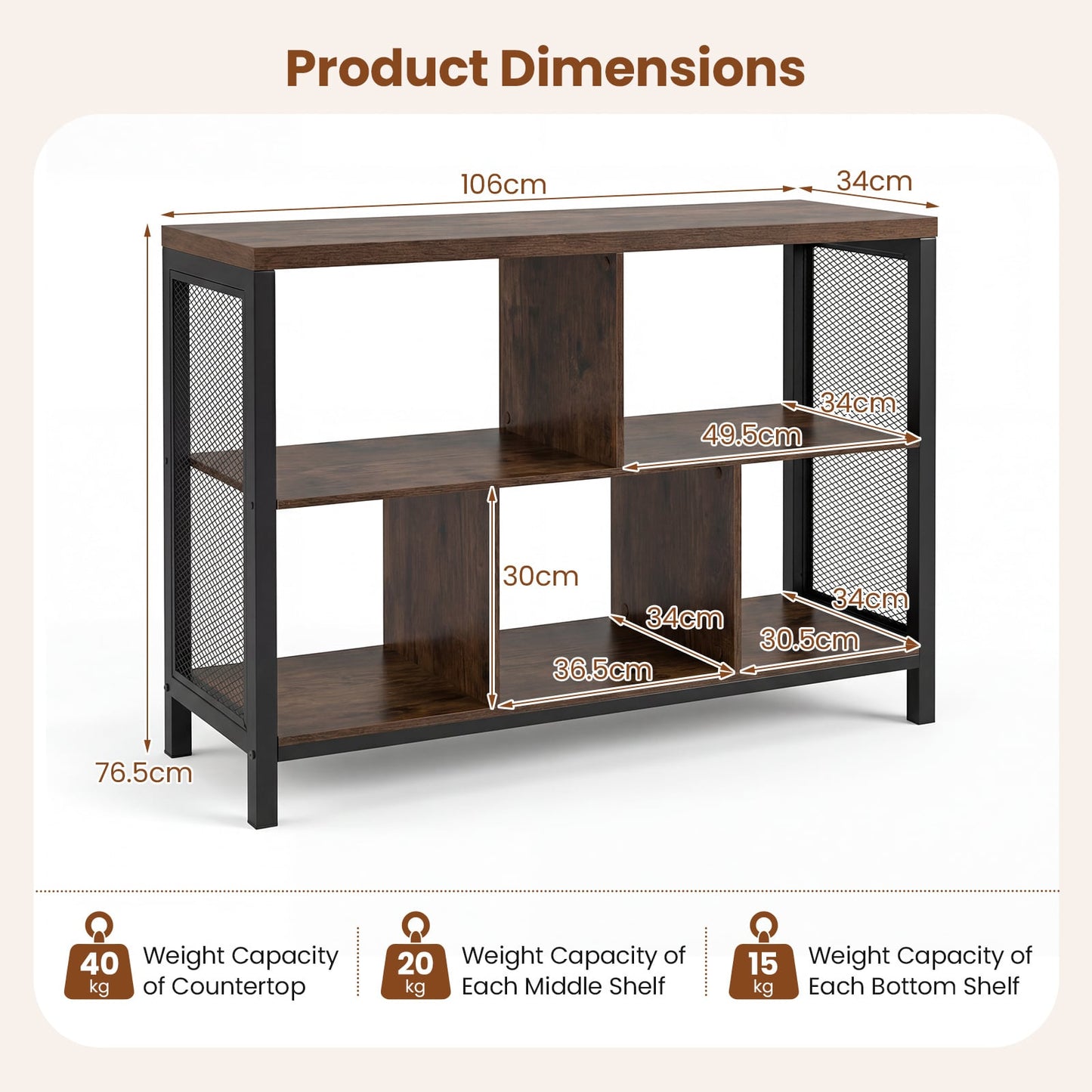 3-Tier Industrial Storage Organizer with 5 Cubes and Metal Frame-Rustic Brown