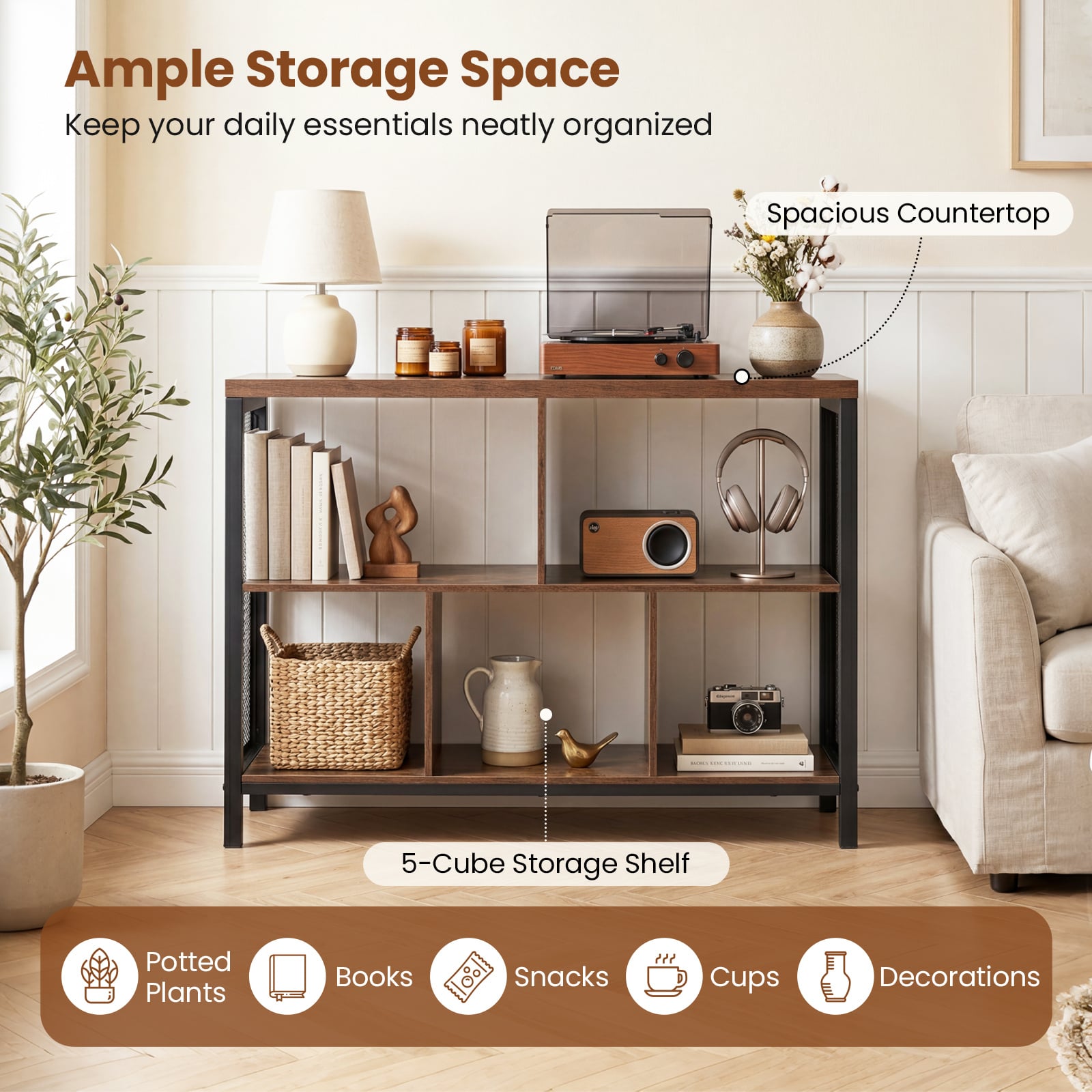 3-Tier Industrial Storage Organizer with 5 Cubes and Metal Frame-Rustic Brown
