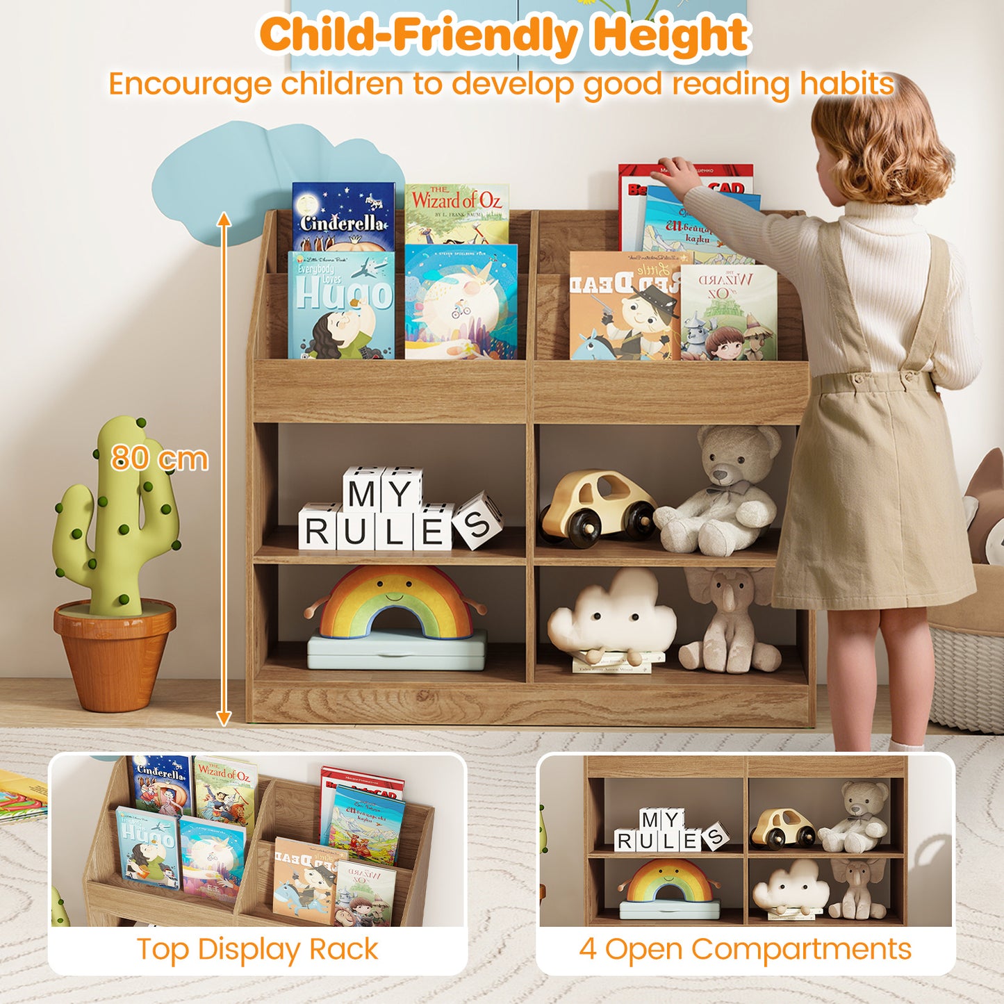 3-Tier Kid's Bookshelf with Display Rack and 4 Compartments for Kids Room-Natrual