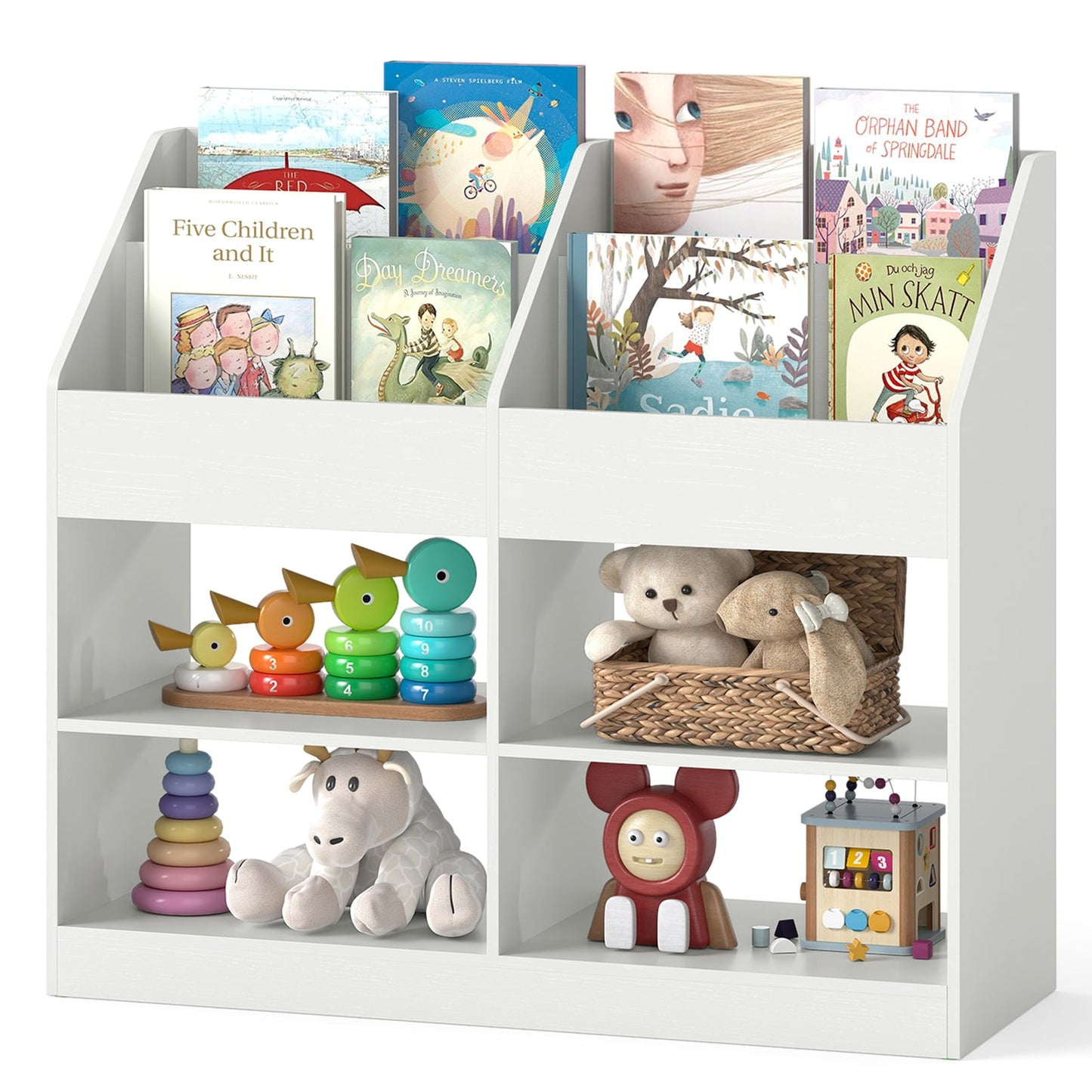 3-Tier Kid's Bookshelf with Display Rack and 4 Compartments for Kids Room-White