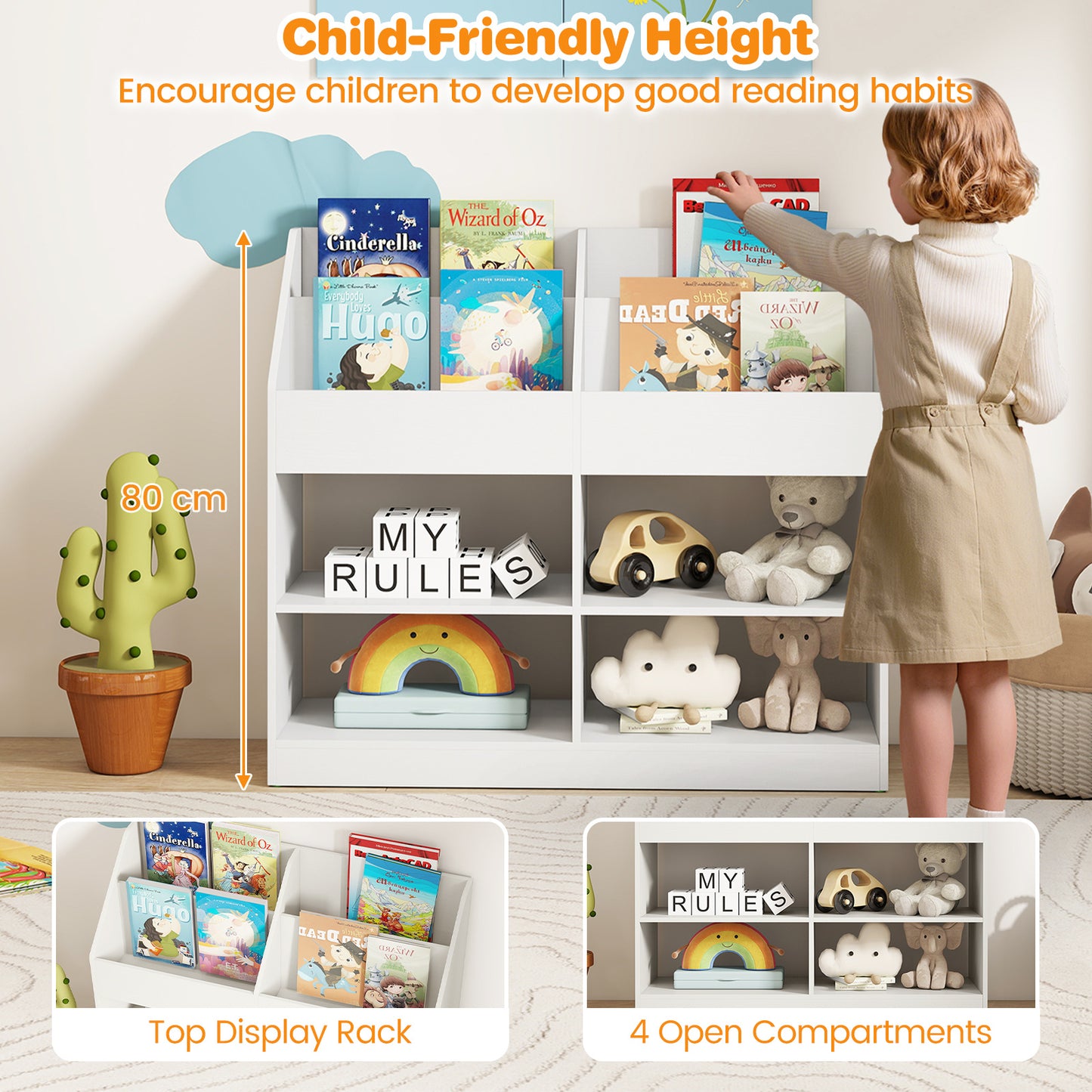 3-Tier Kid's Bookshelf with Display Rack and 4 Compartments for Kids Room-White
