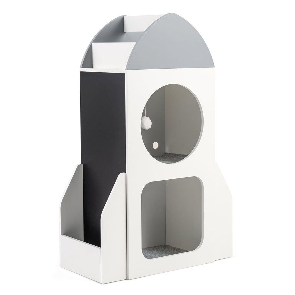 3-Tier Kids Bookshelf Rocket Space Theme Toddler Toy Storage Organizer with Chalkboard-White