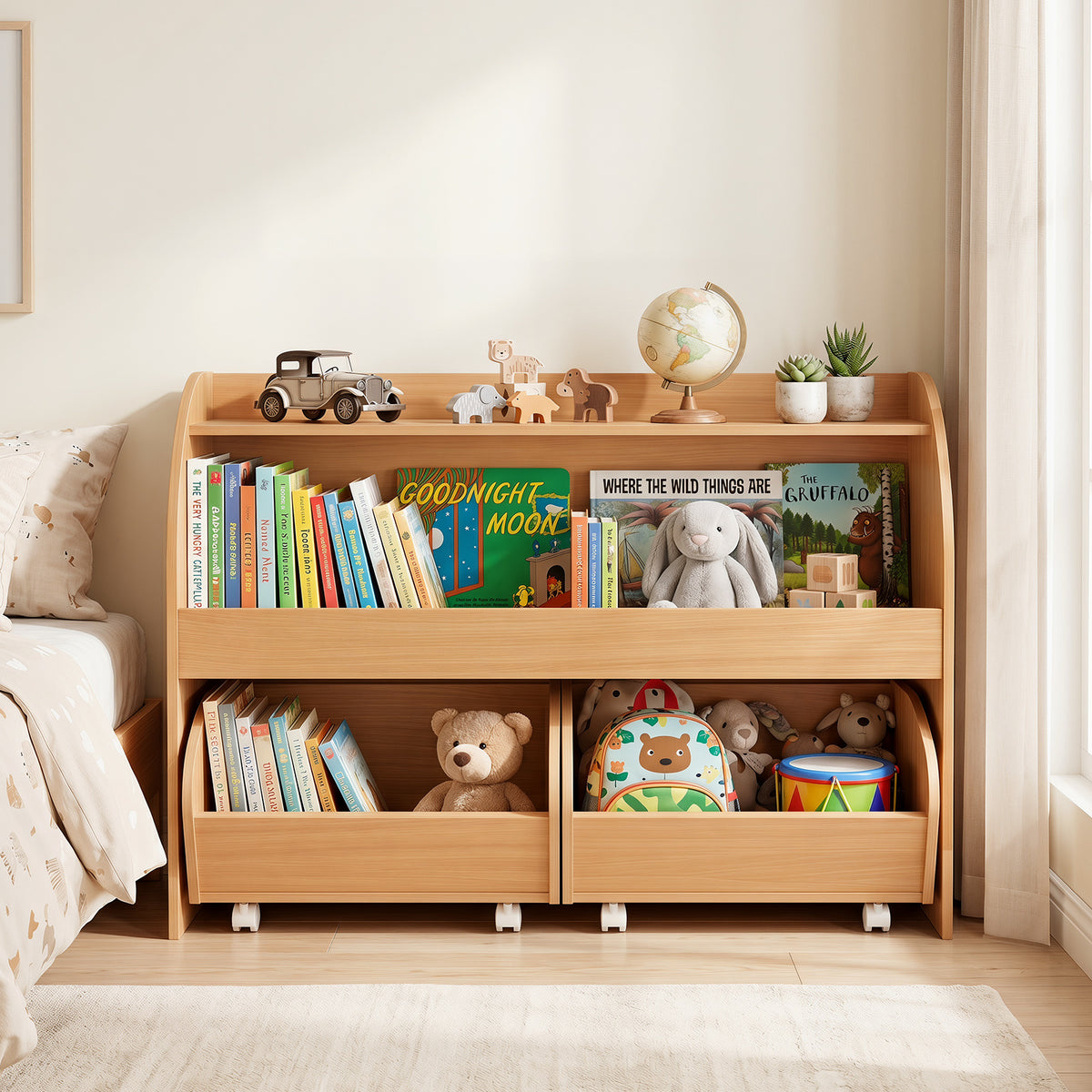 3-Tier Kids Toy Storage Organizer with 2 Rolling Drawers Bookcase for Kids Room-Natural