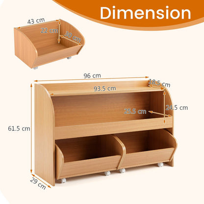 3-Tier Kids Toy Storage Organizer with 2 Rolling Drawers Bookcase for Kids Room-Natural