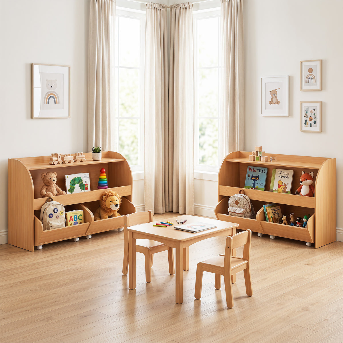 3-Tier Kids Toy Storage Organizer with 2 Rolling Drawers Bookcase for Kids Room-Natural