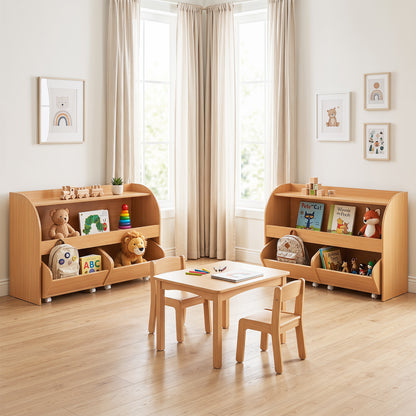 3-Tier Kids Toy Storage Organizer with 2 Rolling Drawers Bookcase for Kids Room-Natural