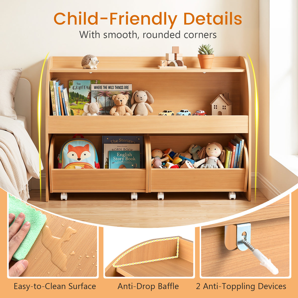 3-Tier Kids Toy Storage Organizer with 2 Rolling Drawers Bookcase for Kids Room-Natural