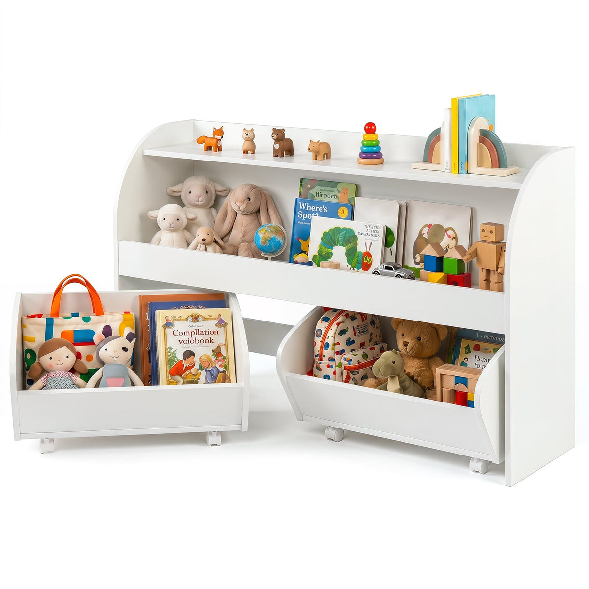 3-Tier Kids Toy Storage Organizer with 2 Rolling Drawers Bookcase for Kids Room-White